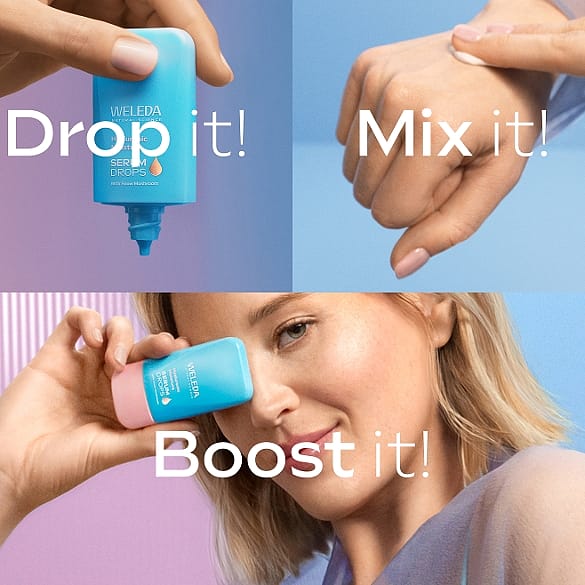 Model is holding Hyaluronic Serum in front of face